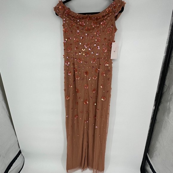 BHLDN Adrianna Papell Floral Beaded Maxi Off Shoulder in Toffee NWT US size 8 - Picture 9 of 9